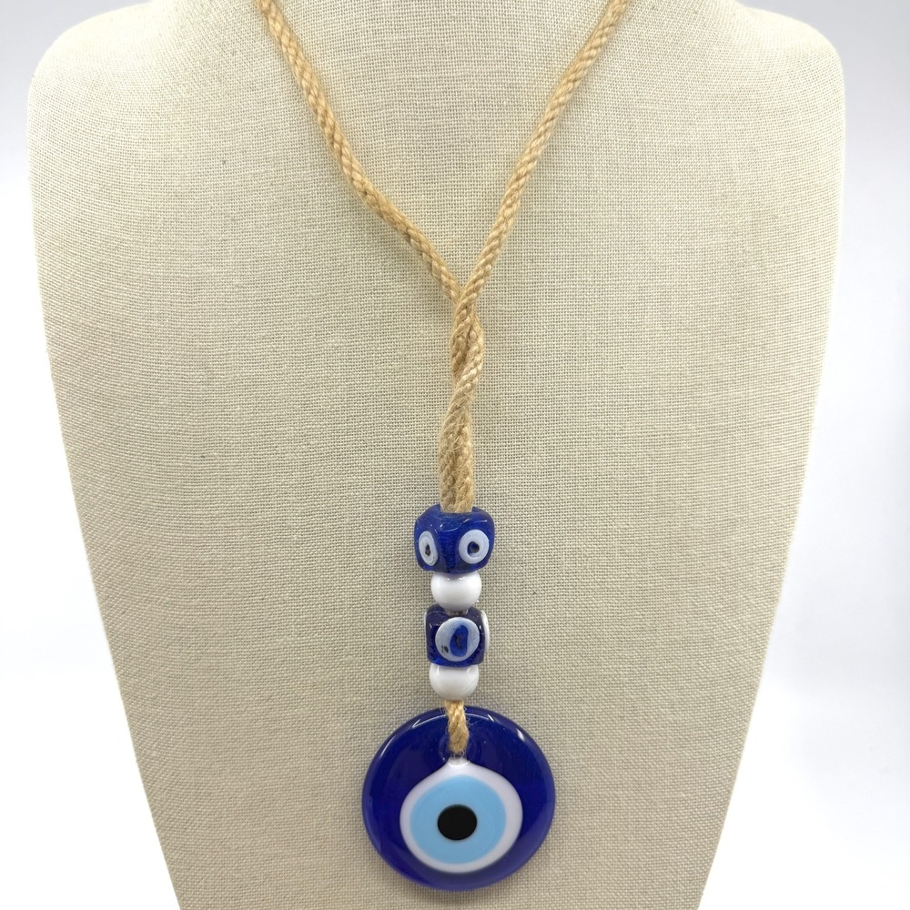 Blue Evil Eye Glass Pendant Necklace Jute Rope Beaded Boho Protection Amulet
